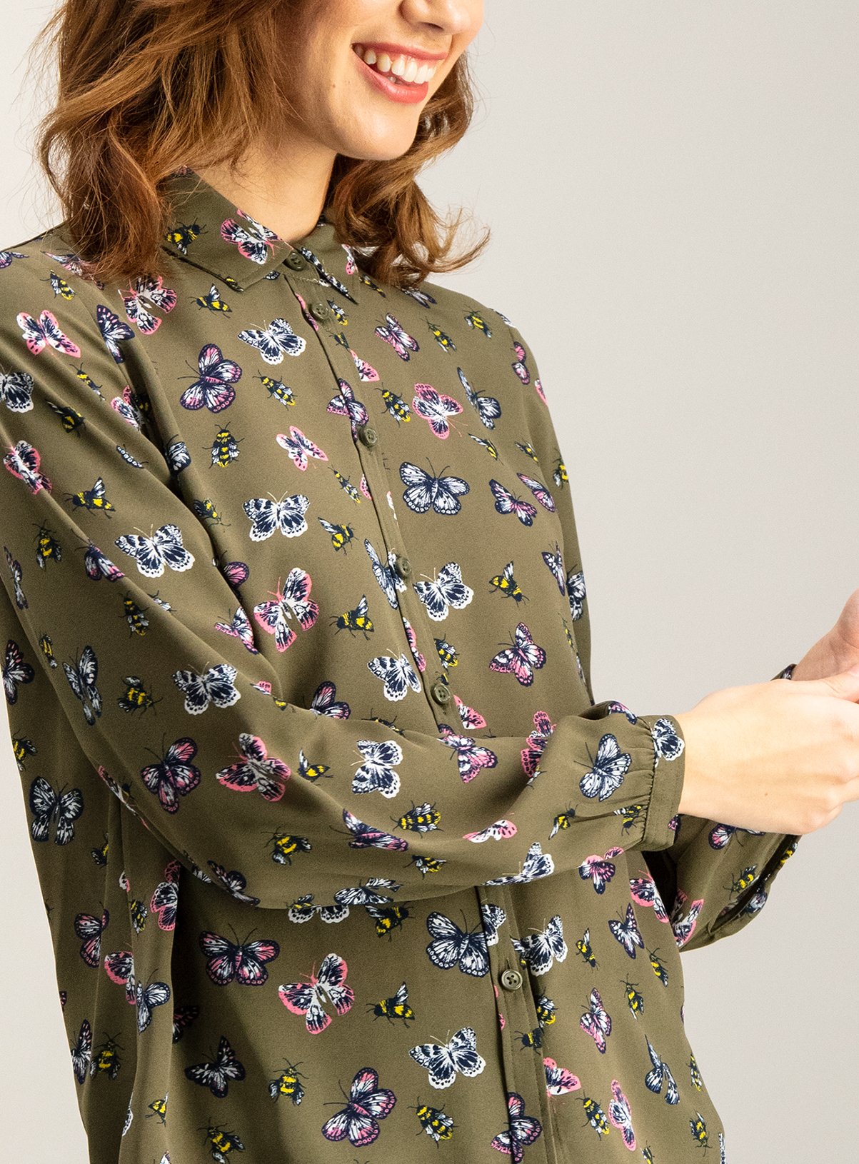 SKU: SMOOTHIE PINKS LS OPP BUTTERFLY KHAKI PRINTED SHIRT:Multi Colo:26 - Image 2 thumbnail